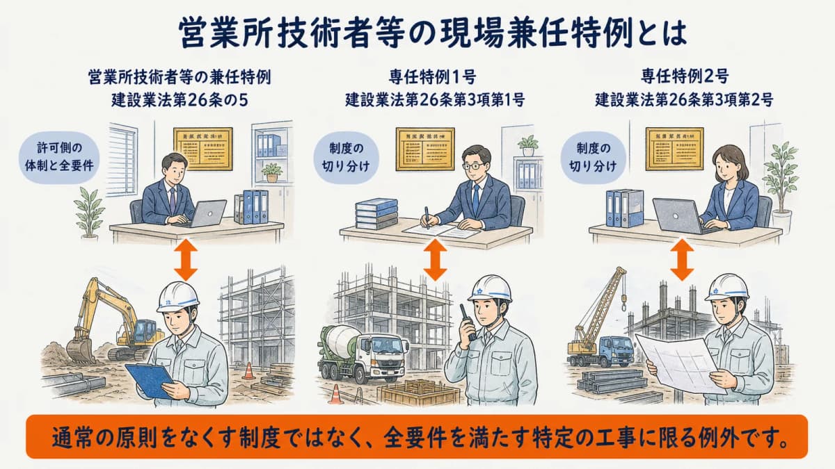 営業所技術者等と2つの専任特例を分ける制度比較