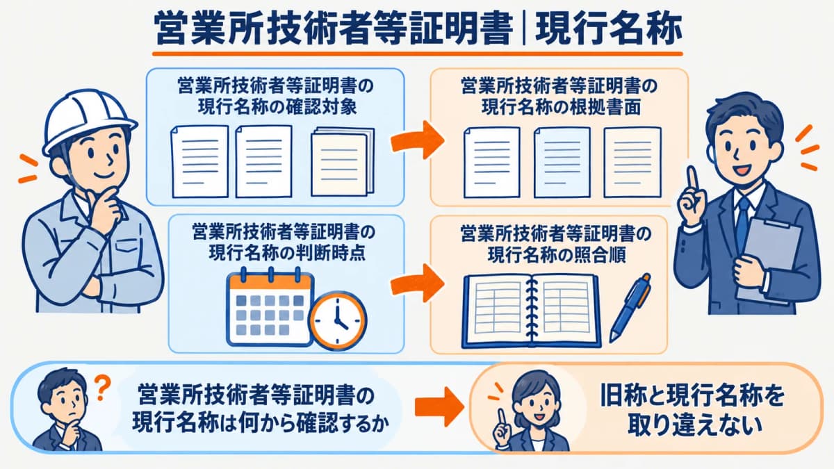 旧称と現行名称を営業所技術者等証明書へ対応づける全体図