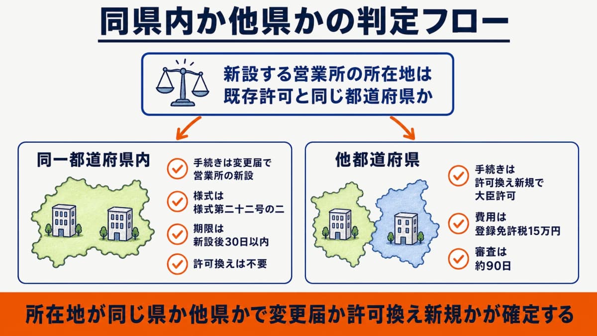 同一県内か他県かで変更届/許可換え新規を判定するフローチャート