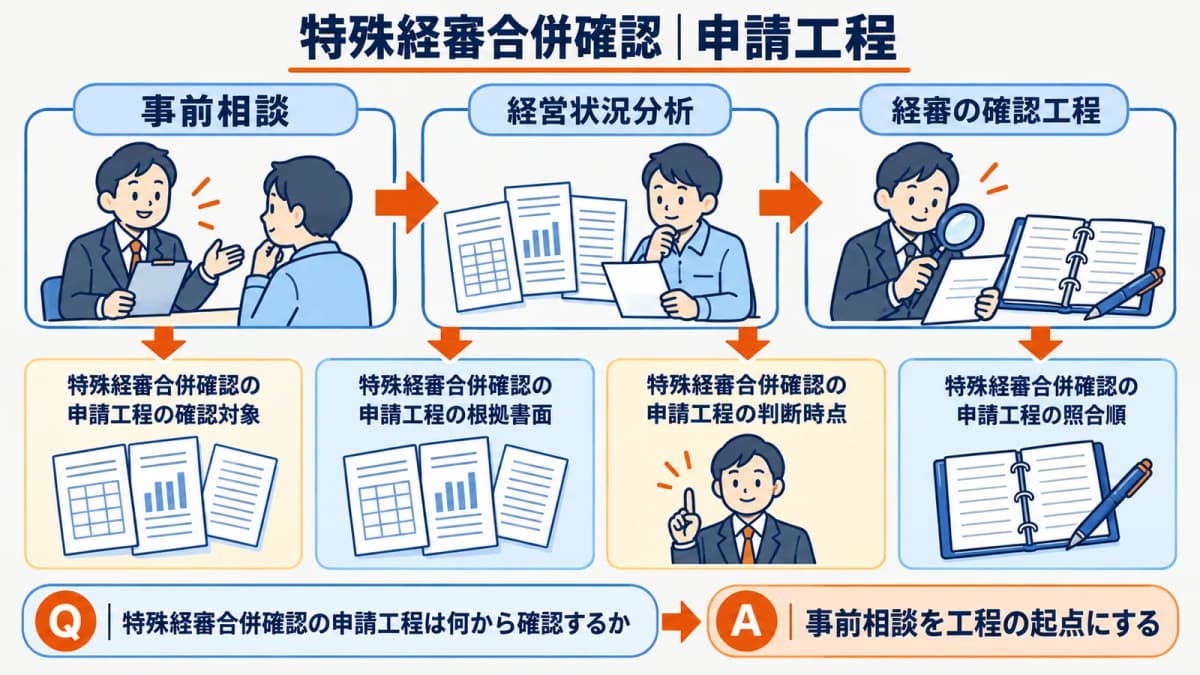 事前相談から分析経審まで担当別に進める工程図
