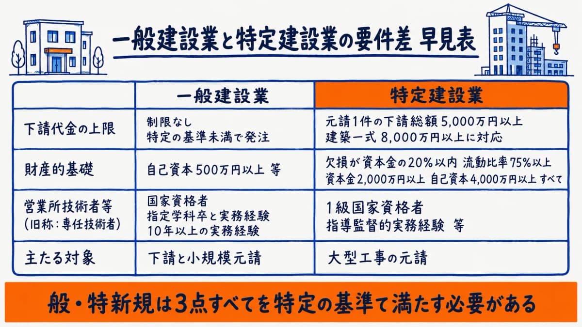 一般建設業と特定建設業の要件差を対比した早見表