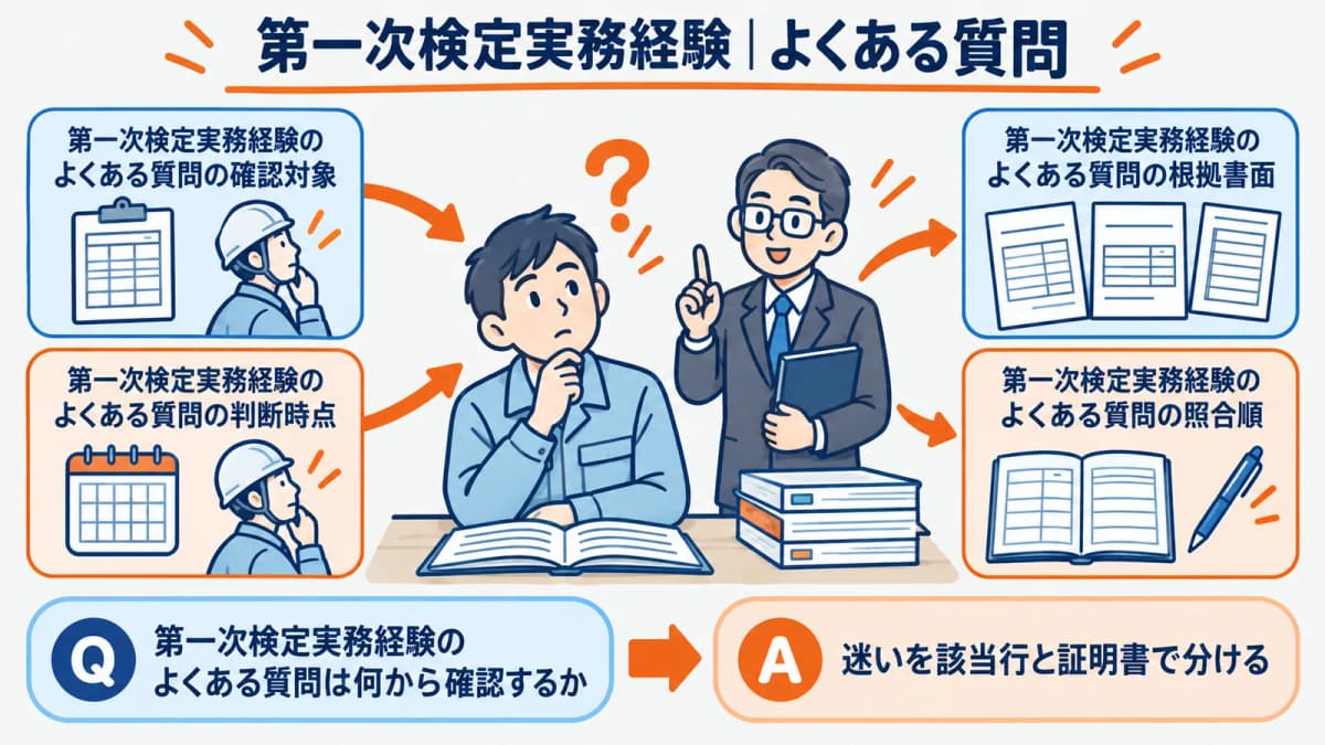 第一次検定と実務経験で迷いやすい質問を整理した図