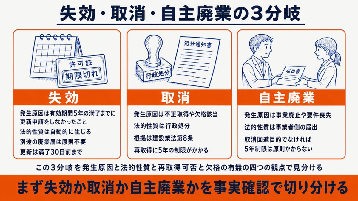 失効・取消・自主廃業の3分岐を発生原因・法的性質・再取得可否・欠格の有無で比較した図