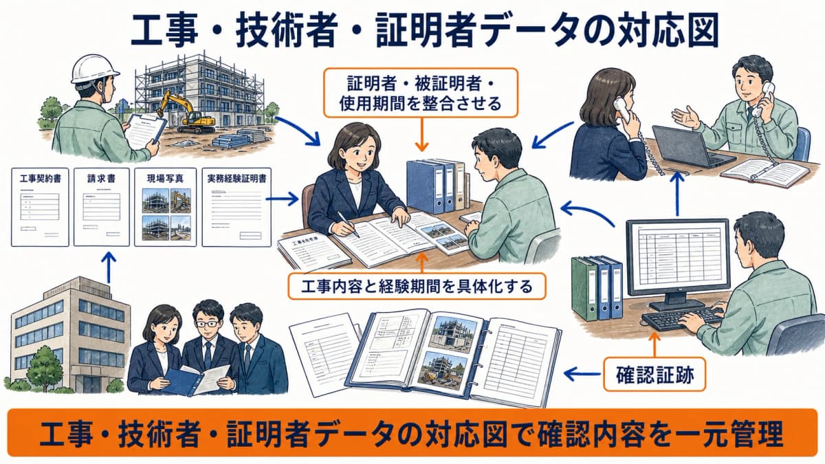 技術者と工事と証明者のデータを様式第9号の各欄へ対応させた図