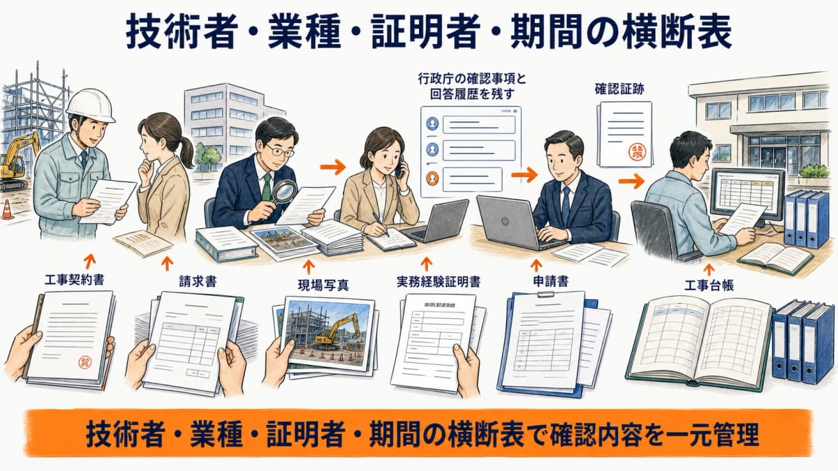 技術者と業種と証明者と期間を案件横断で照合する管理表
