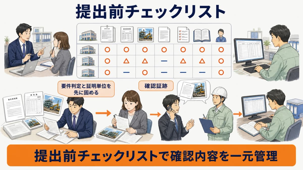 様式第9号の提出前に要件と証明者と期間と工事資料を点検するチェックリスト