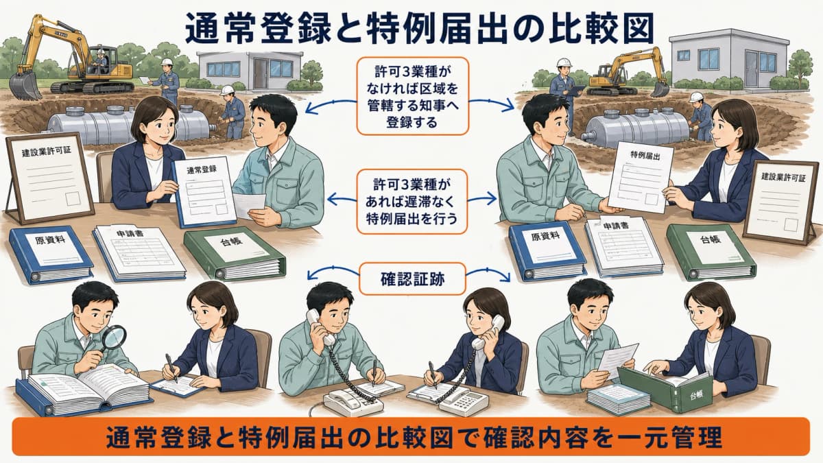 通常登録と特例届出の対象と有効期間とイベントを比較する図