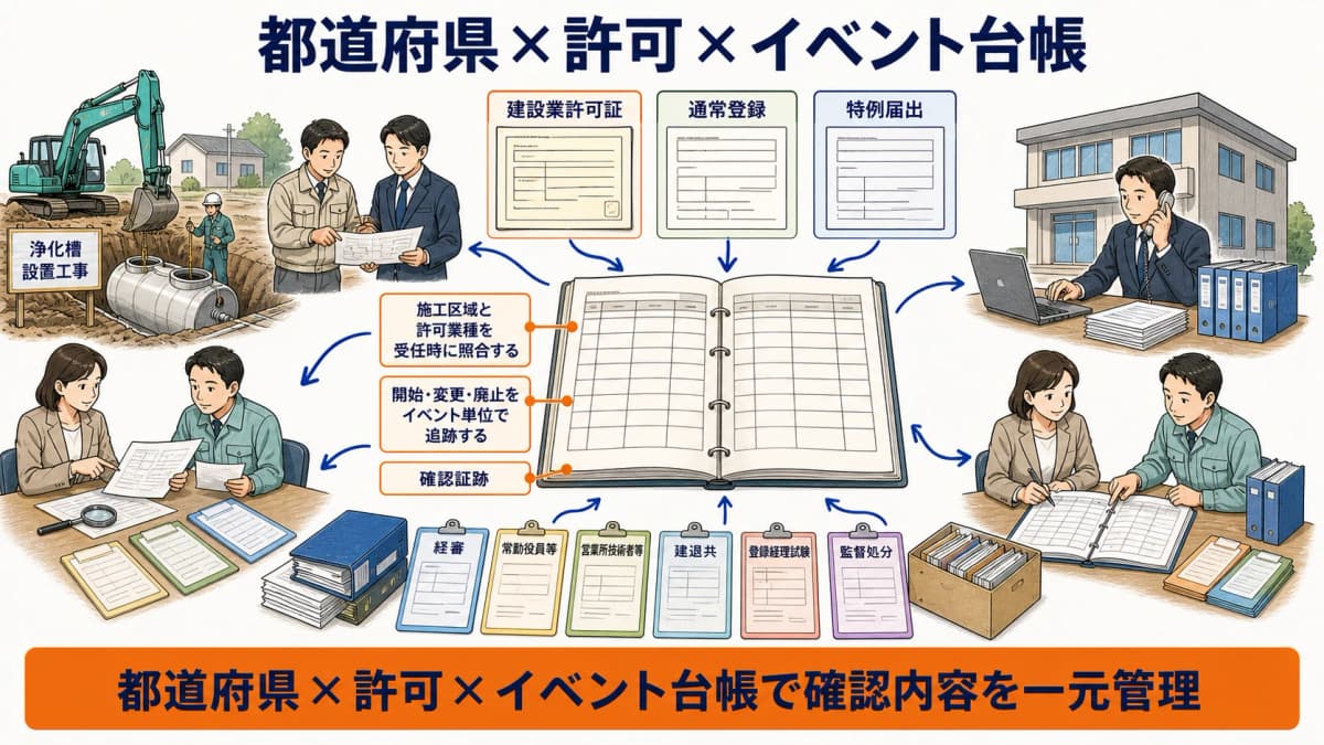 都道府県と3業種の許可と開始変更廃止イベントを管理する台帳図
