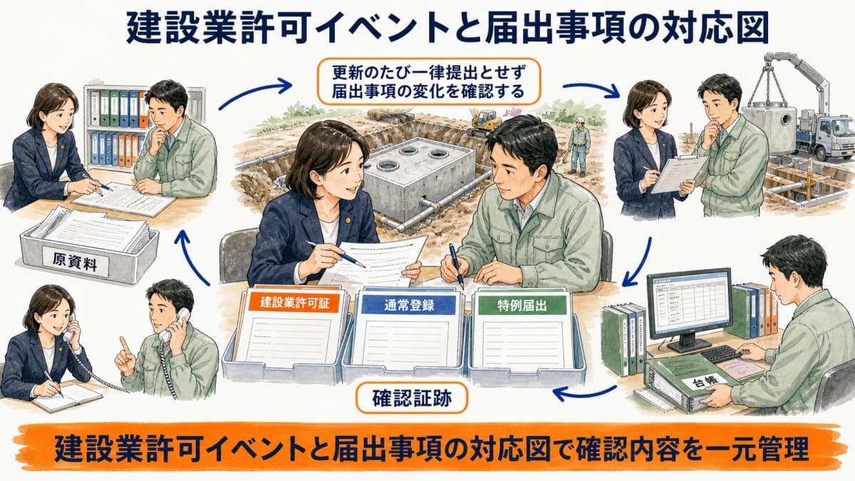 建設業許可の取得更新変更と浄化槽特例の届出事項を対応させる図
