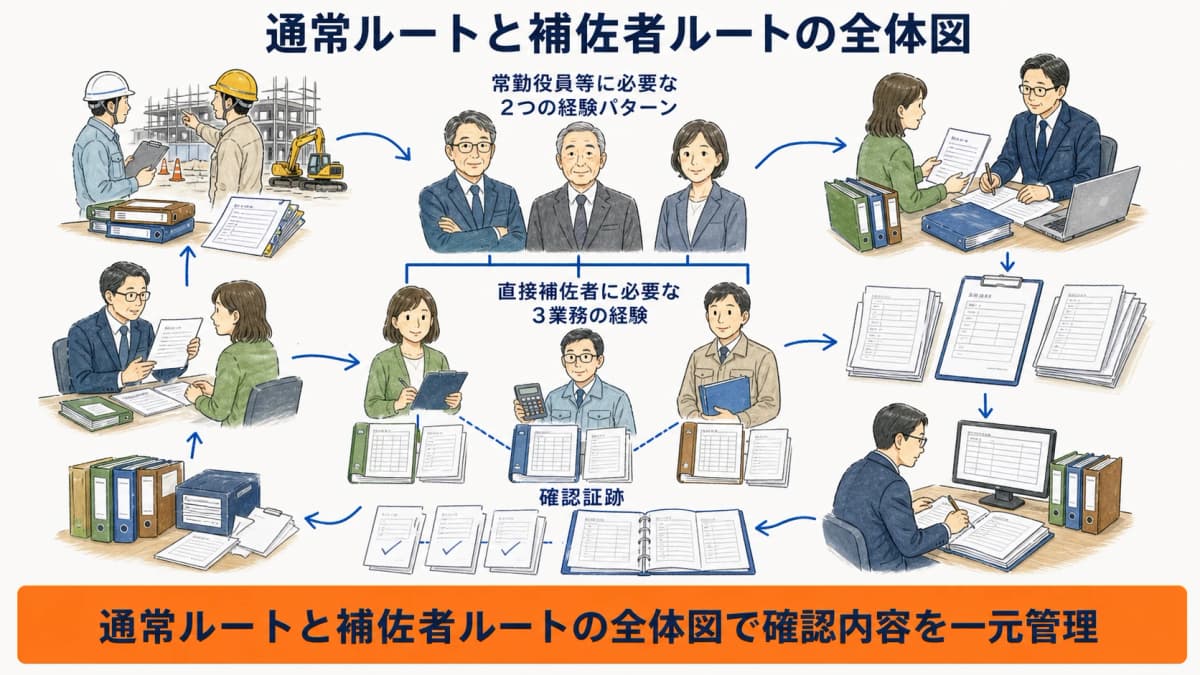 通常ルートと常勤役員等の補佐者ルートの全体を比較する図