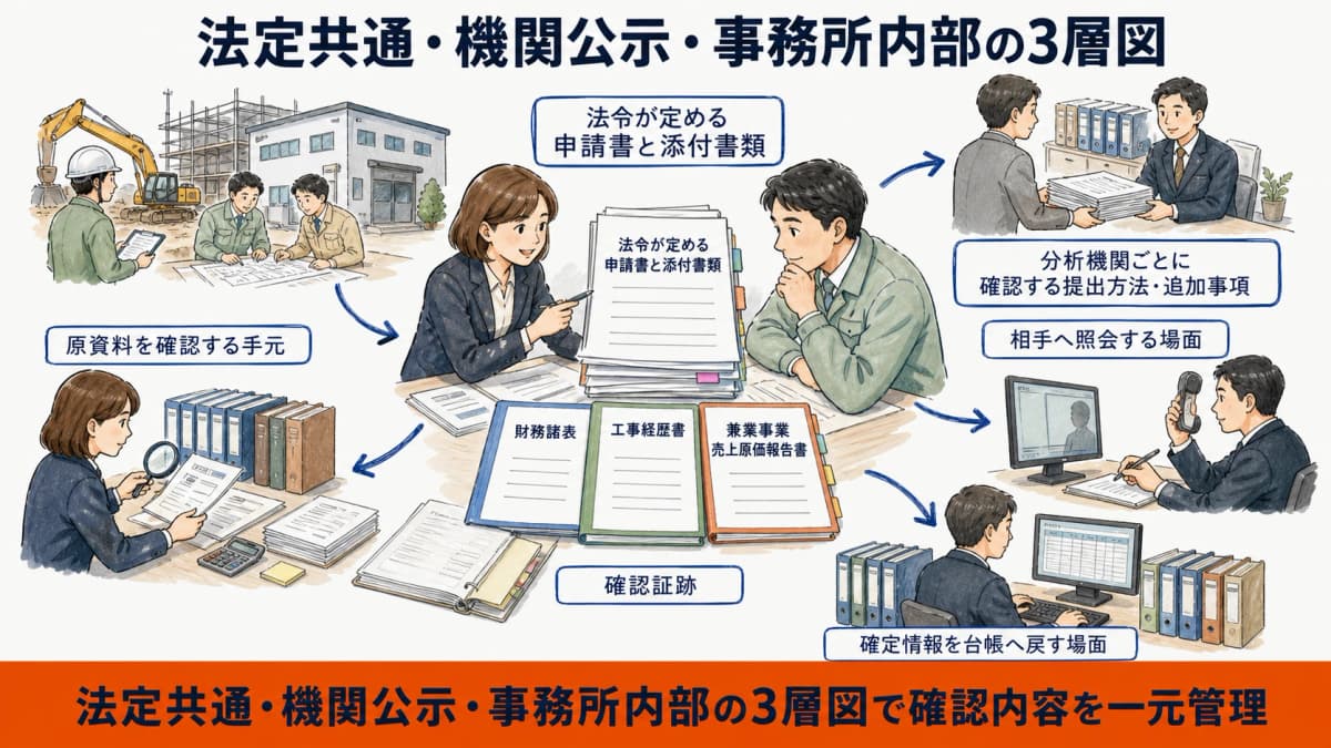 法定共通と分析機関公示と事務所内部記録の3層を示す図
