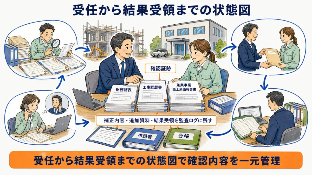 受任から提出と補正を経て経営状況分析結果を受領する状態図