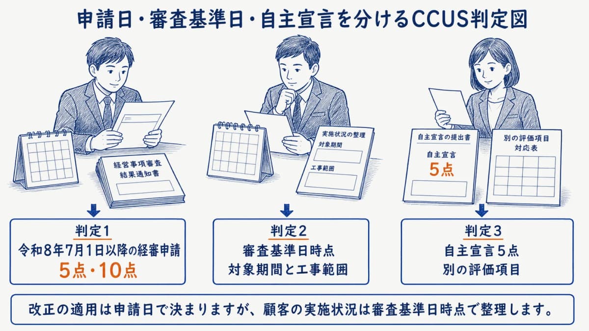 申請日・審査基準日・自主宣言を分けるCCUS判定図