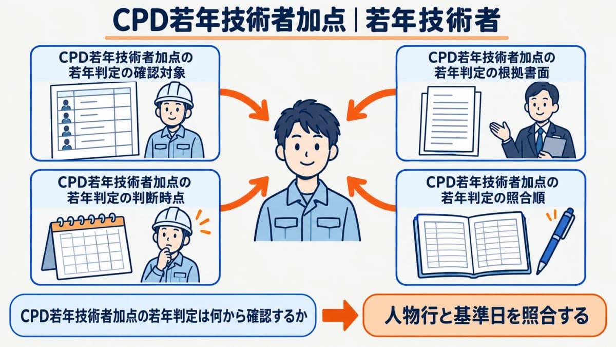 生年月日と新規掲載を審査基準日で確認する若年技術者の図