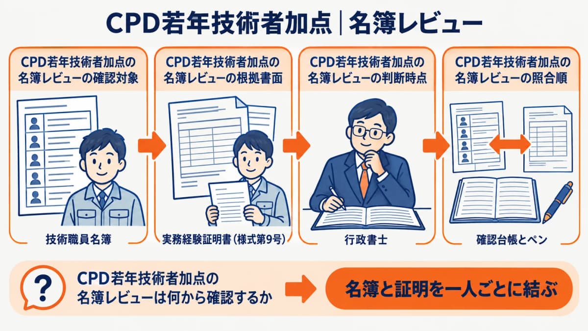 技術職員名簿とCPD証明を一人一行で照合するレビュー表