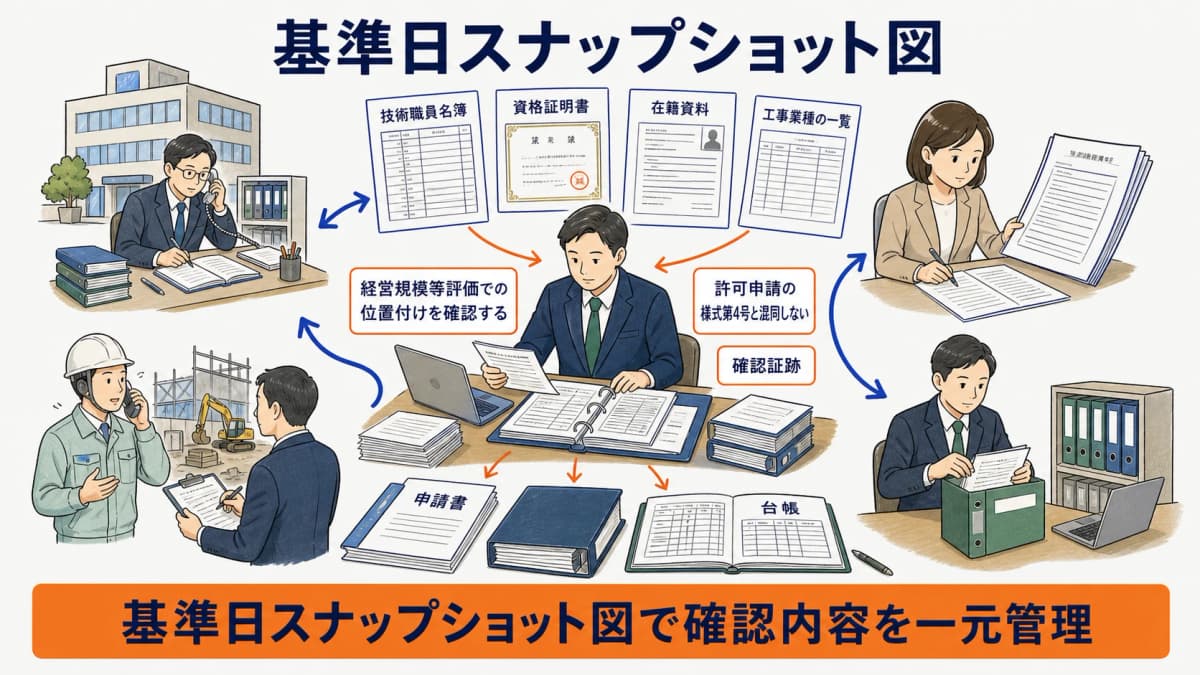 審査基準日に技術者の資格と在籍と業種を固定するスナップショット図