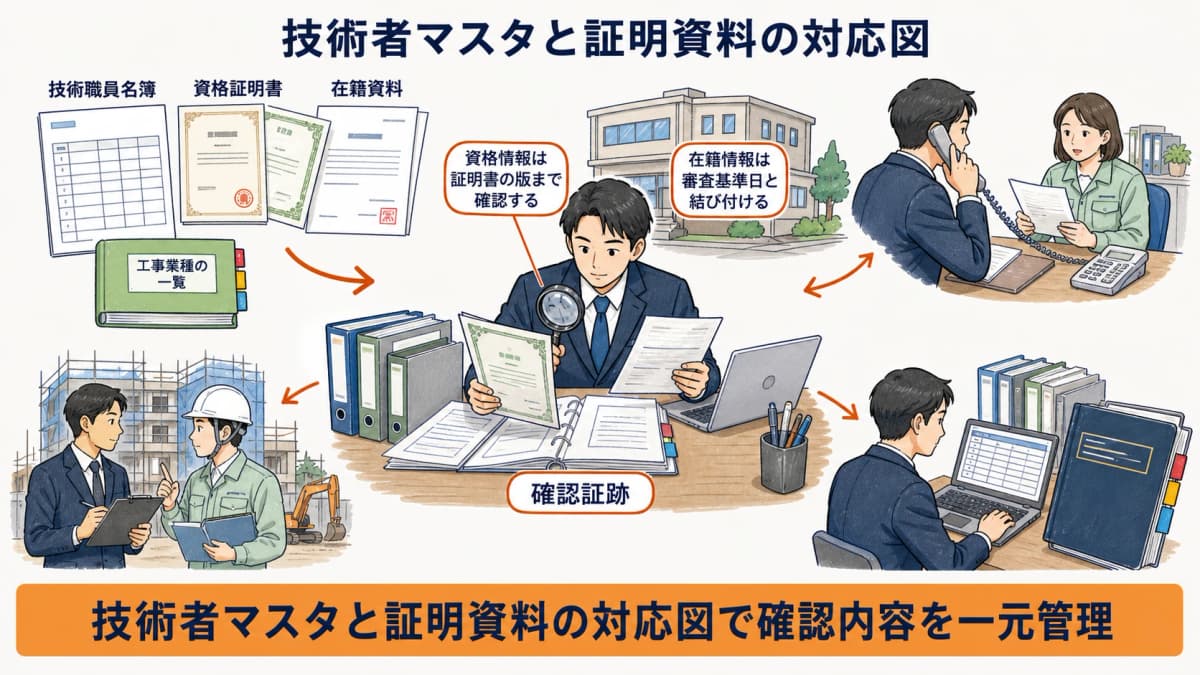 技術者マスタの資格と在籍を証明資料へ対応させる図