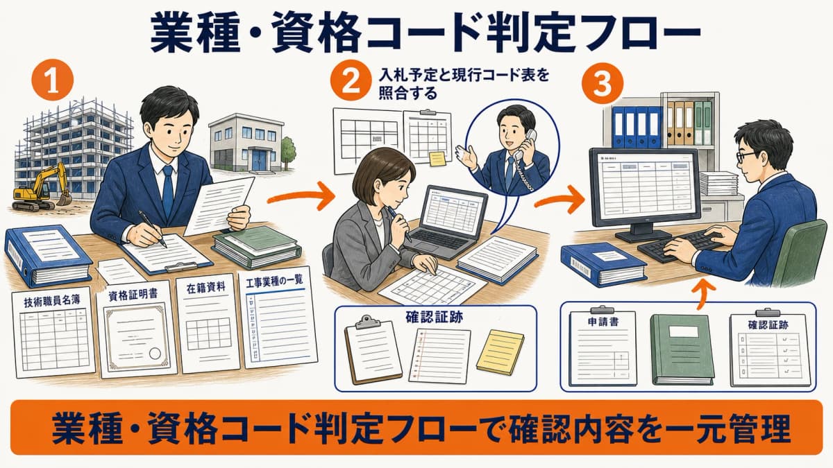 入札予定業種と資格資料を現行コード表へ照合する判定フロー