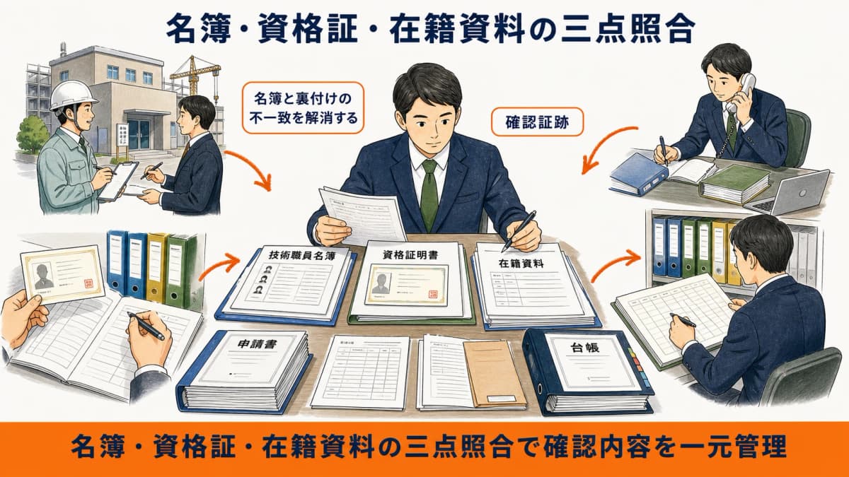 技術職員名簿と資格証と在籍資料を三点照合する図