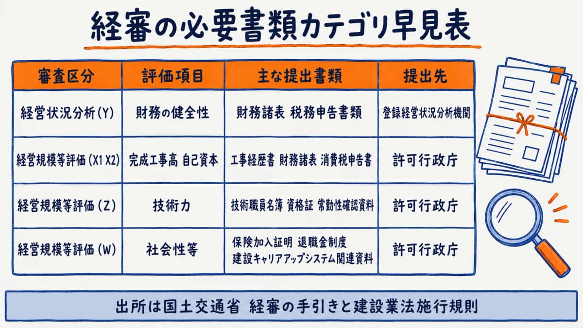 経審の必要書類カテゴリ早見表(Y・X・Z・W別の提出先と書類)