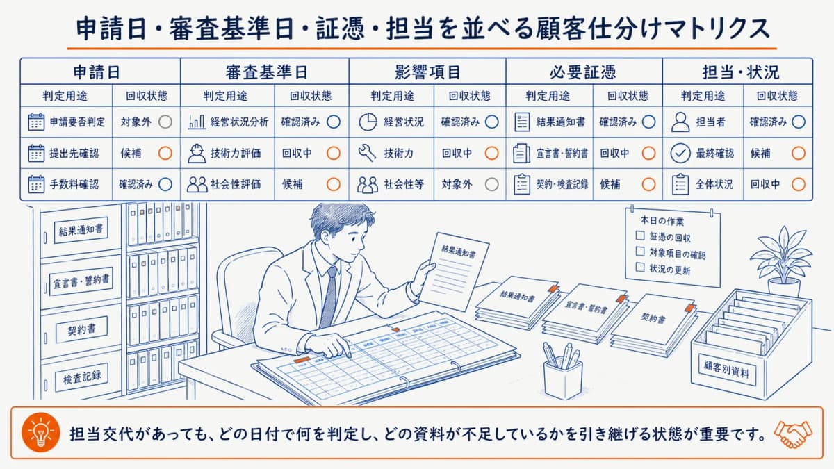 申請日・審査基準日・証憑・担当を並べる顧客仕分けマトリクス