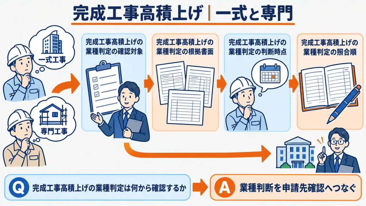 一式工事と専門工事の判断を申請先確認へつなぐ図
