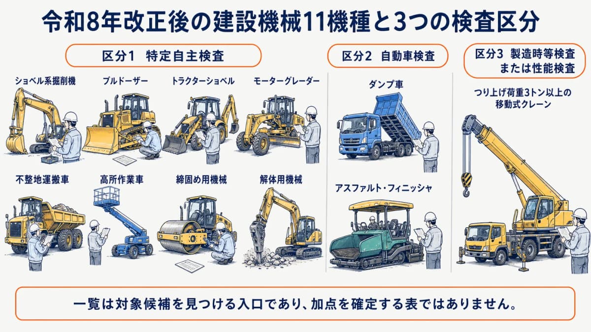 令和8年改正後の建設機械11機種と3つの検査区分