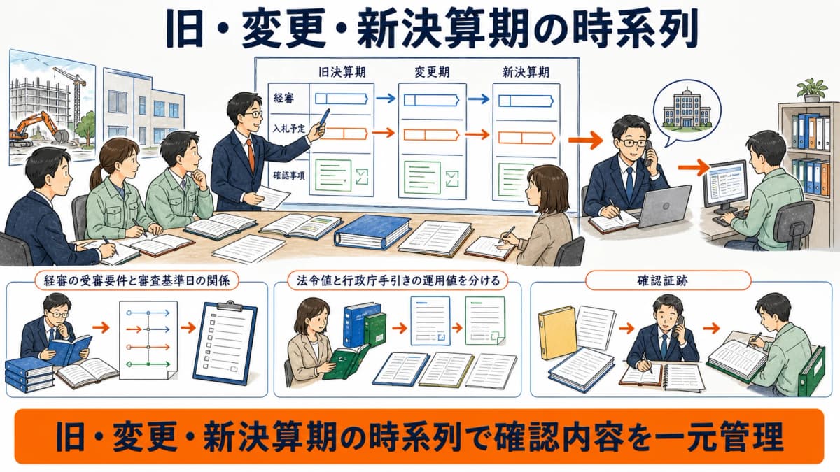 旧決算期と変則期と新決算期を審査基準日へ結ぶ時系列図