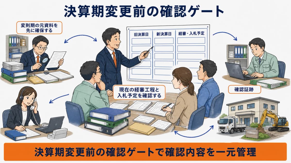 決算期変更前に経審結果と申請工程と入札予定を確認するゲート図