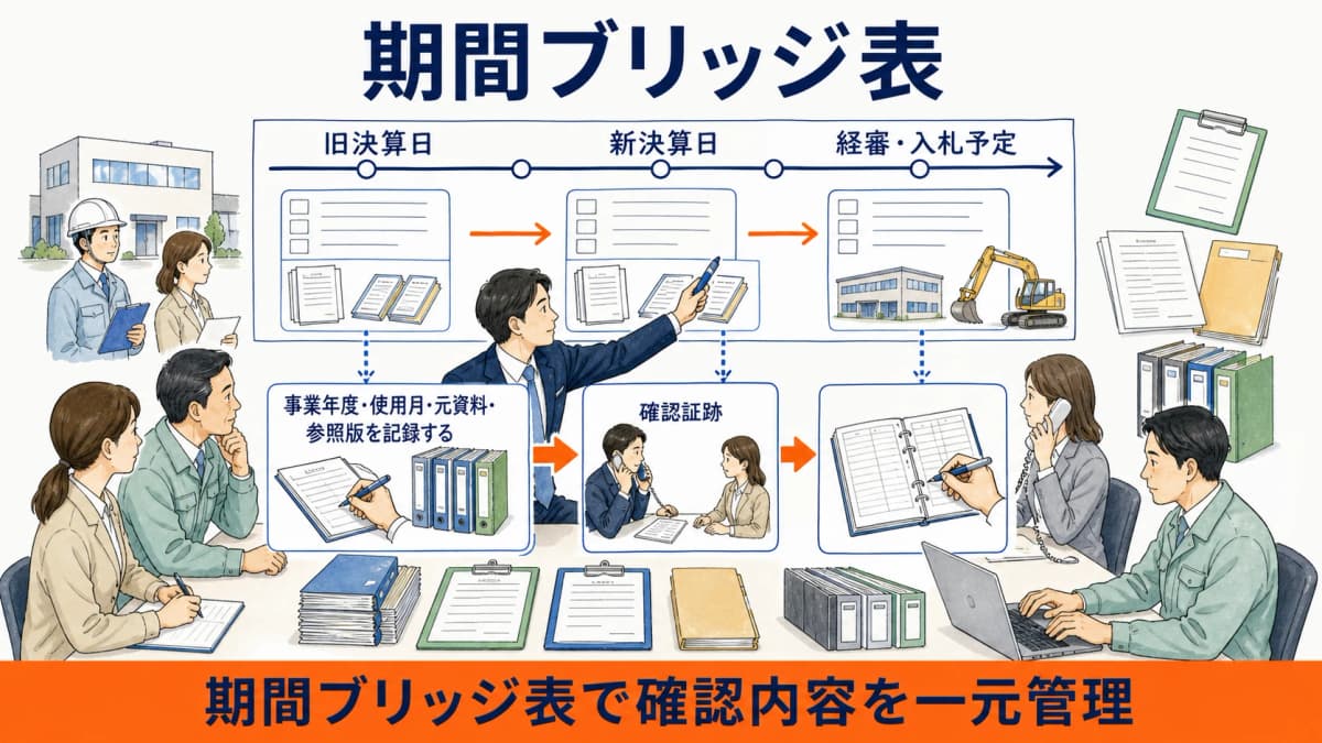 変則事業年度の使用月と元資料と現行手引きをつなぐ期間ブリッジ表