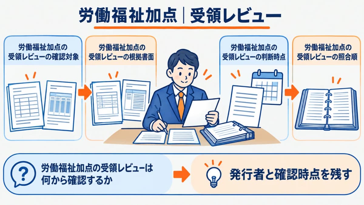 労働福祉資料の発行者と確認日を並べるレビュー表