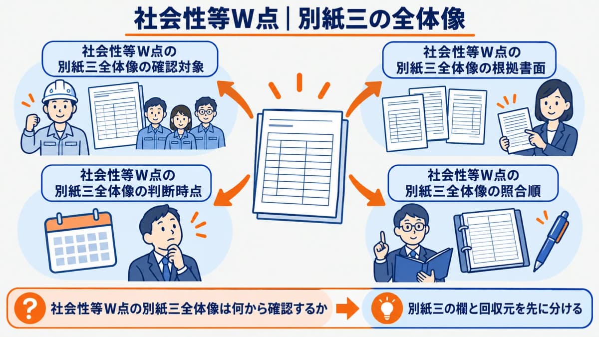 別紙三の欄と確認資料を結ぶ社会性等の全体像