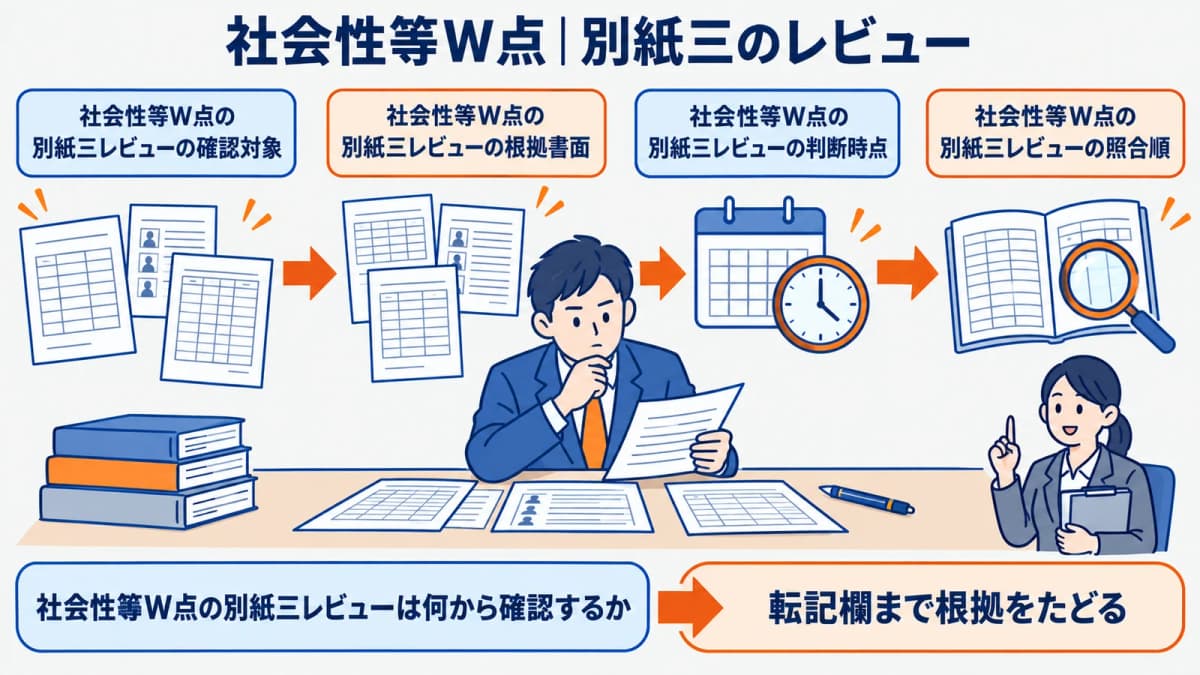 別紙三の確認資料と転記欄を三点照合する流れ