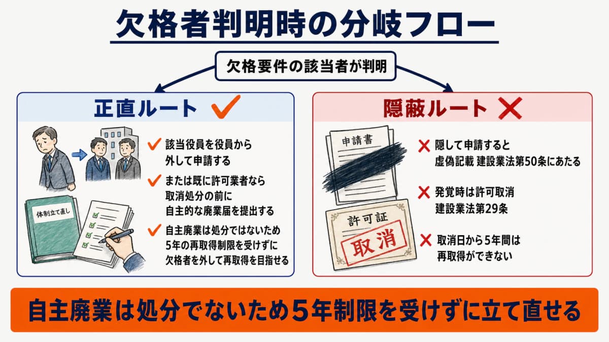 欠格者判明時の分岐フロー図。正直ルートは役員解任や届出廃業で再取得可、隠蔽ルートは虚偽申請で取消と5年不可