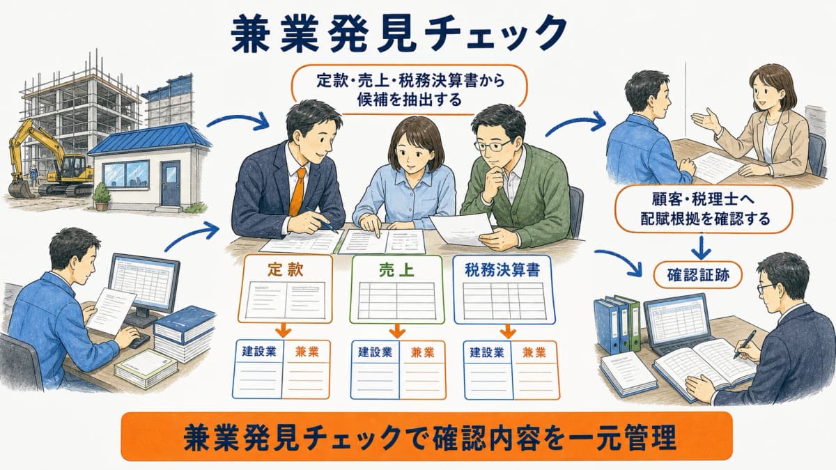 定款と売上資料と税務決算書から兼業候補を見つけるチェック図