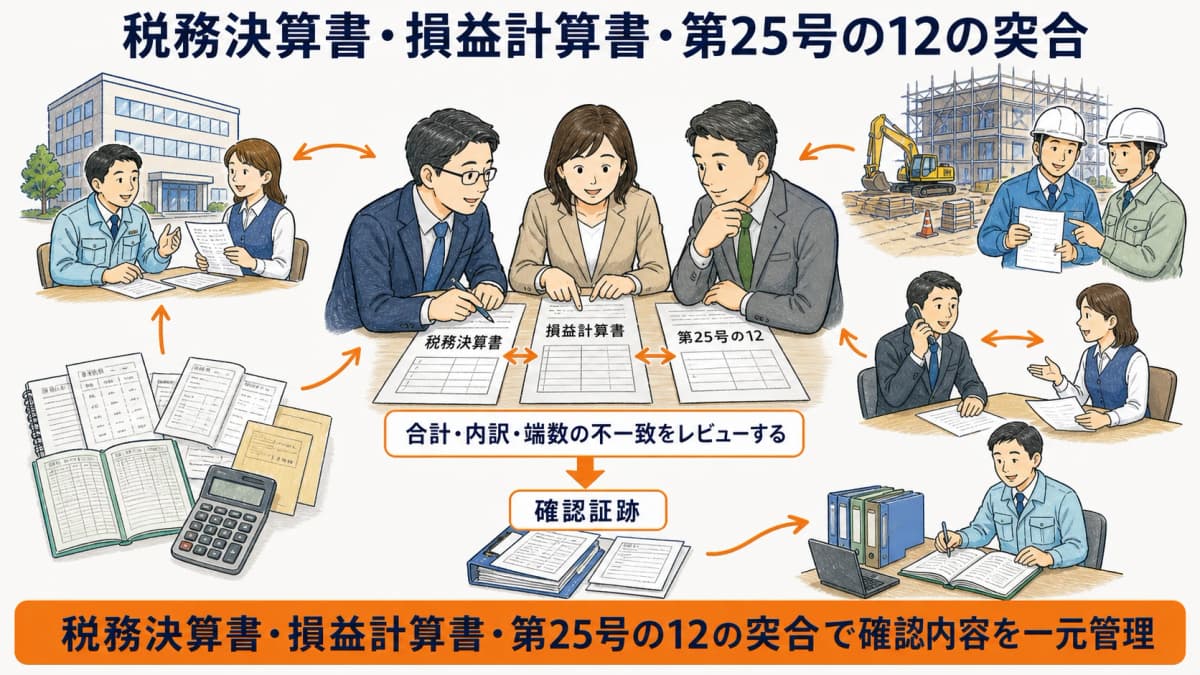 税務決算書と建設業損益計算書と第25号の12を三方向に突合する図