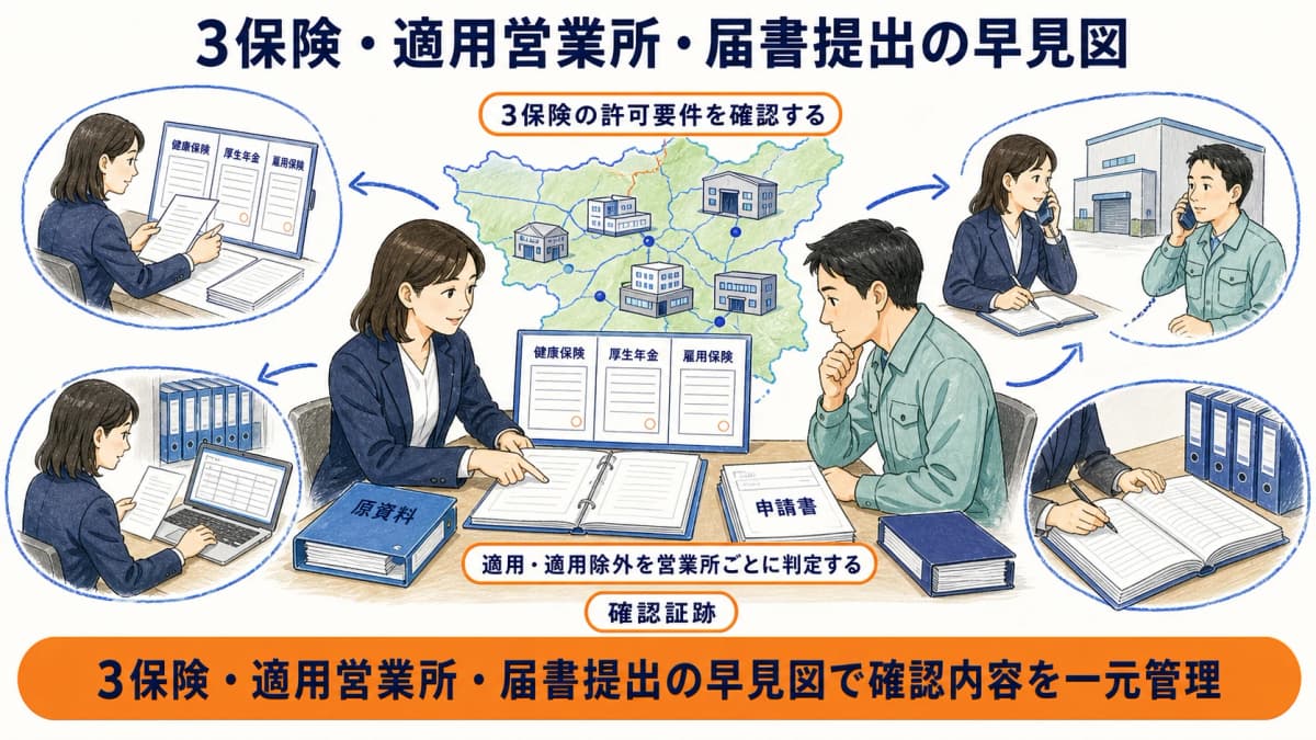 健康保険と厚生年金保険と雇用保険を営業所ごとに確認する早見図