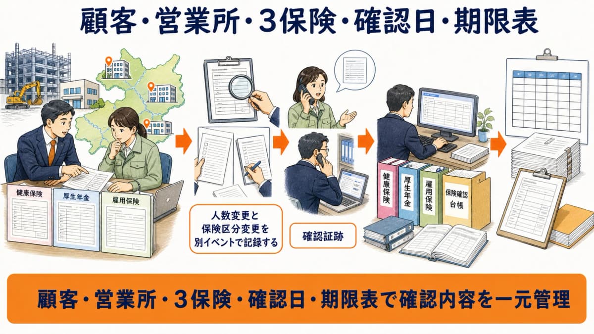 顧客と営業所と3保険と確認日と変更期限を対応させる管理表