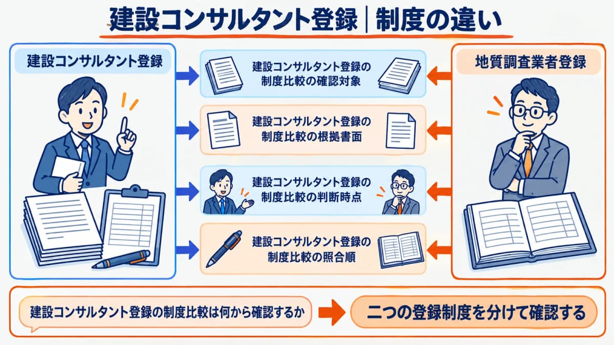 建設コンサルタント登録と地質調査業者登録を比較する全体図