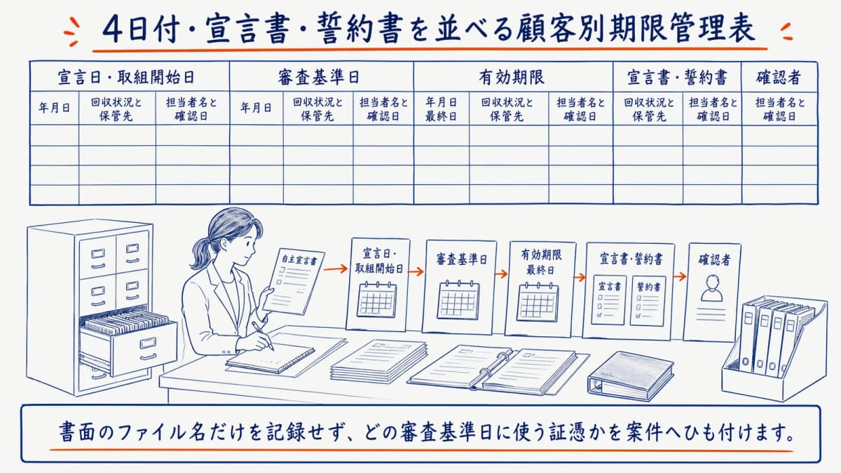 4日付・宣言書・誓約書を並べる顧客別期限管理表