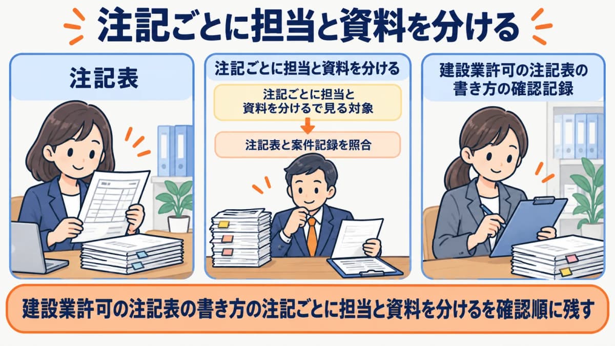 注記ごとの担当と資料の区分を行政書士事務所の確認順に整理した図
