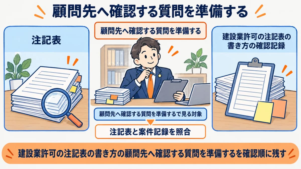 顧問先へ確認する質問の準備を行政書士事務所の確認順に整理した図