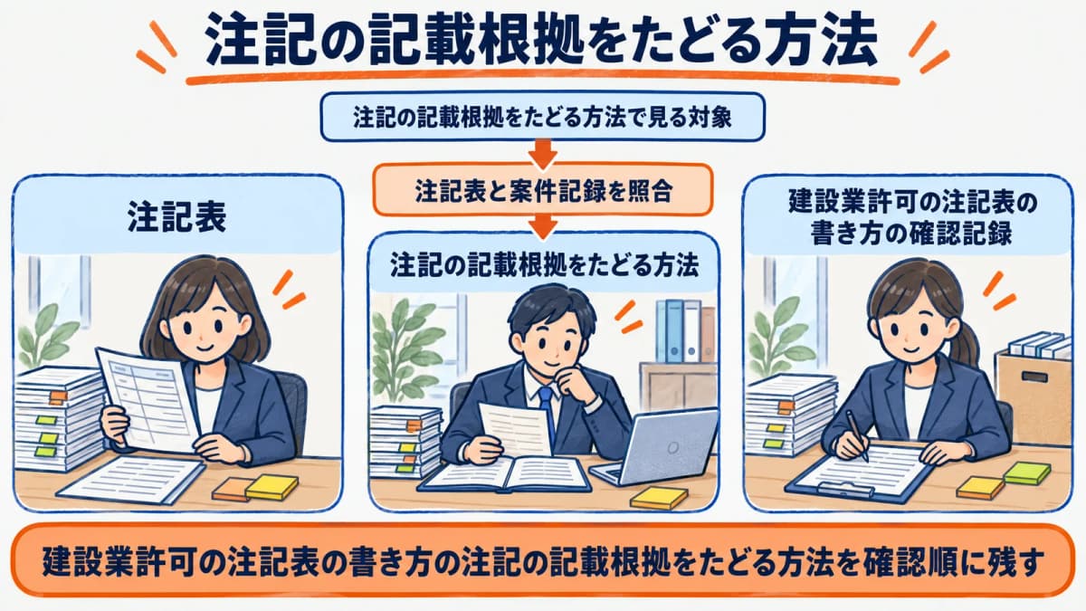注記の記載根拠をたどる方法を行政書士事務所の確認順に整理した図
