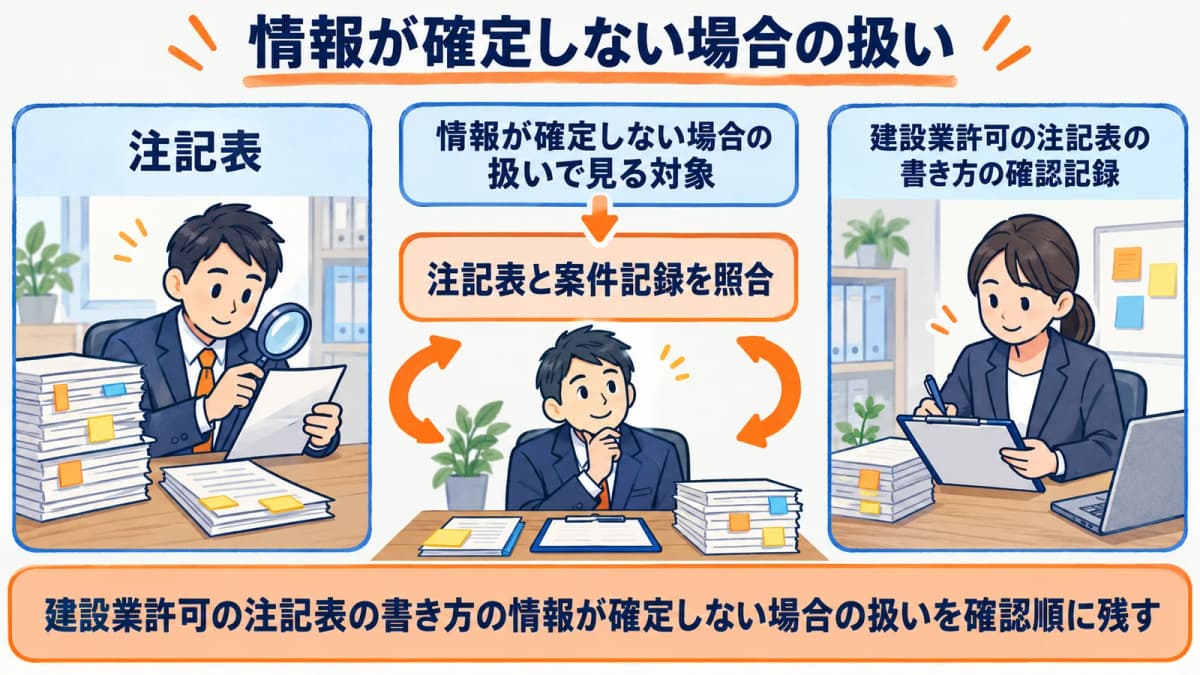 情報が確定しない場合の扱いを行政書士事務所の確認順に整理した図
