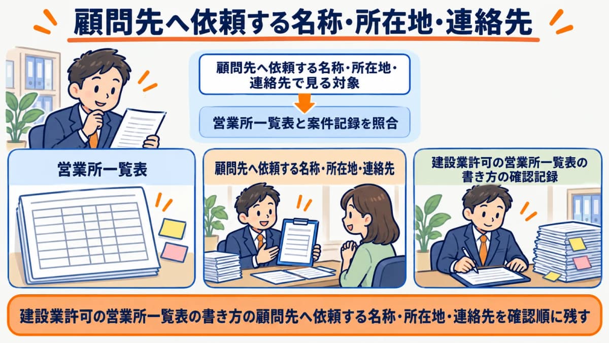 営業所ごとに名称・所在地・連絡先の確認順を整理した図