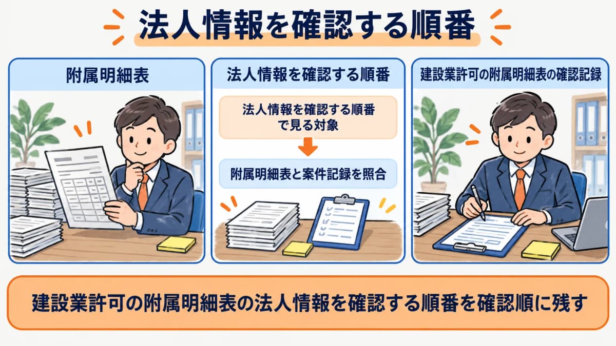 法人情報を確認する順番を行政書士事務所の確認順に整理した図