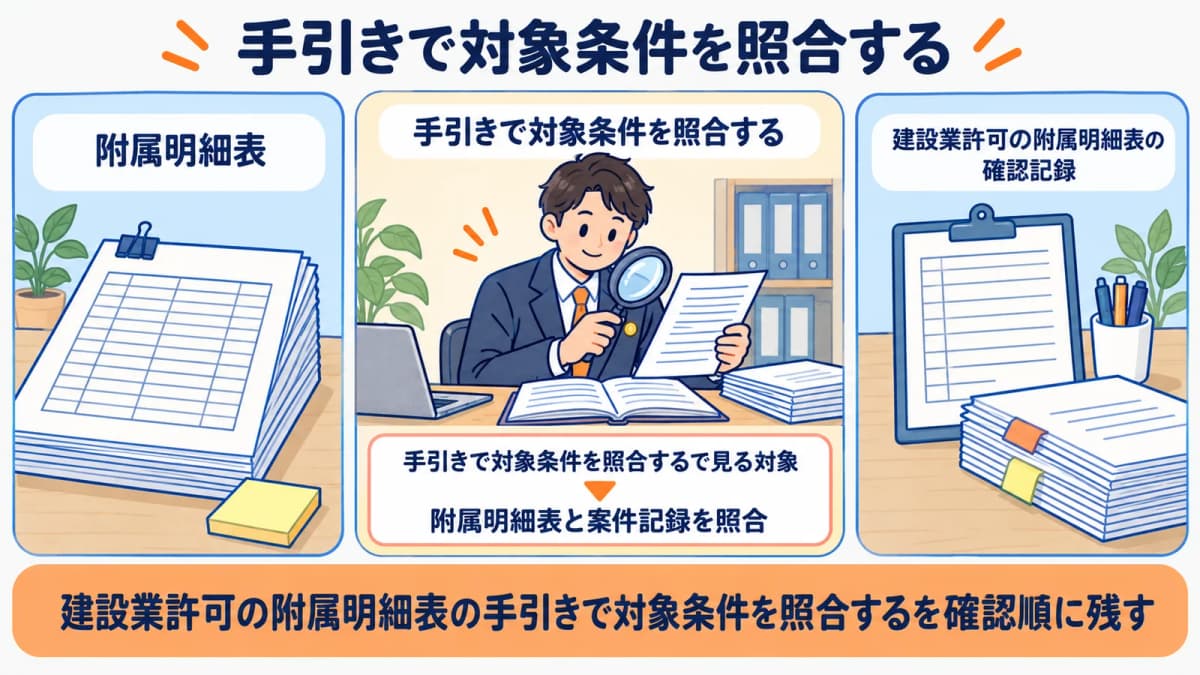手引きでの対象条件の照合を行政書士事務所の確認順に整理した図