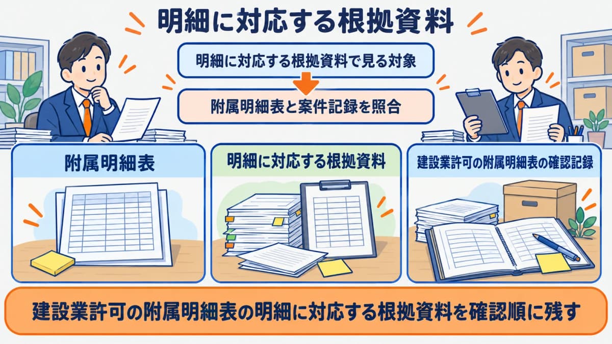 明細に対応する根拠資料を行政書士事務所の確認順に整理した図