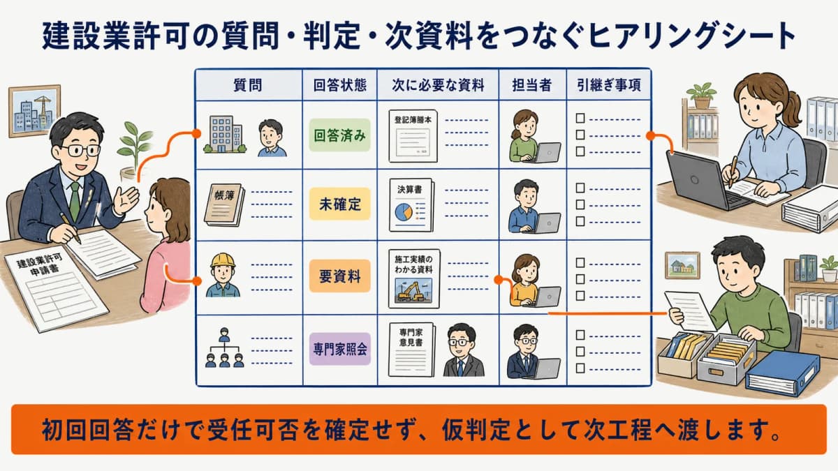 建設業許可の質問・判定・次資料をつなぐヒアリングシート