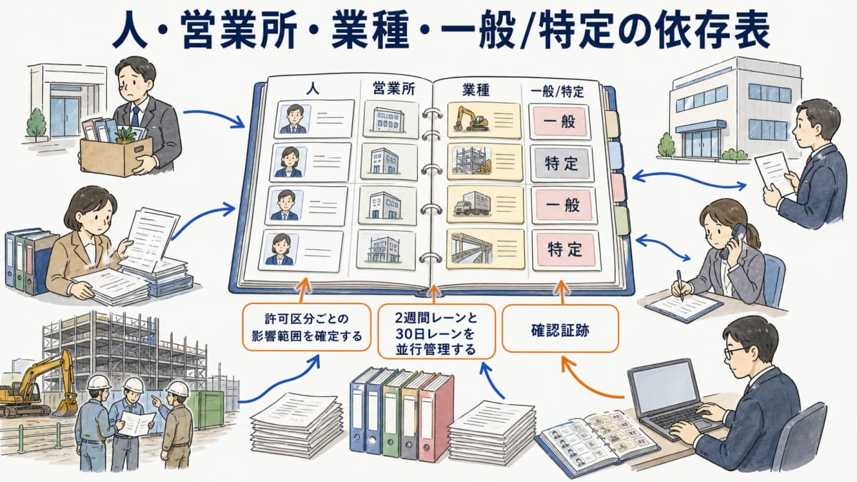 人と営業所と業種と一般特定の依存関係を示す表